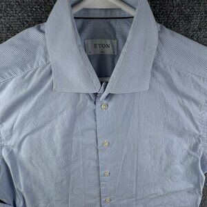 Eton POPLIN Button Up Shirt Men Cotton Blue Striped Long Sleeve 16.5 Slim